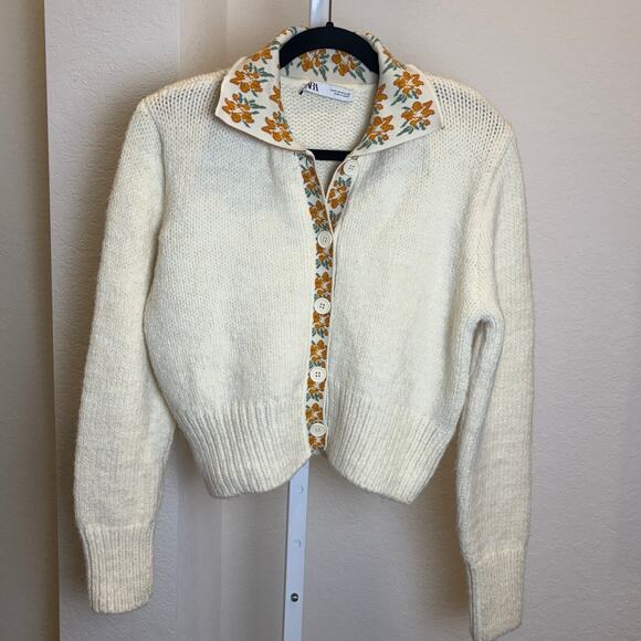 Zara Womens Sweater Cardigan Cream Orange Camisole Flower Two Piece Medium - Picture 2 of 8